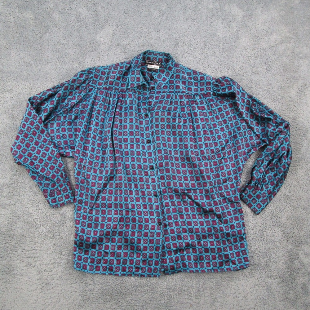 Baldanza Neiman Marcus Silk Blouse Teal Geometric Medallion Vintage Size 8